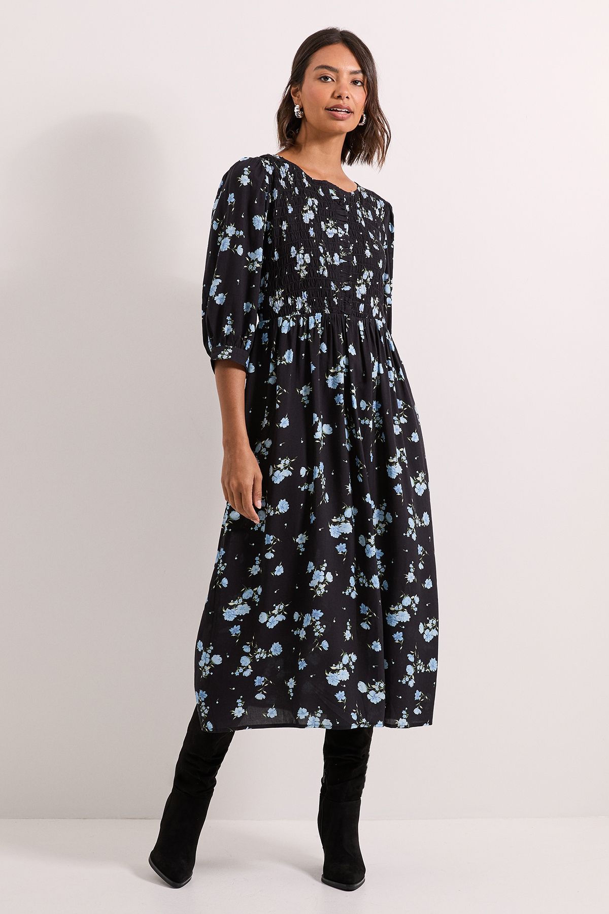 Dorothy Perkins Floral Shirred Bodice Button Detail Midi Dress Floral image 1