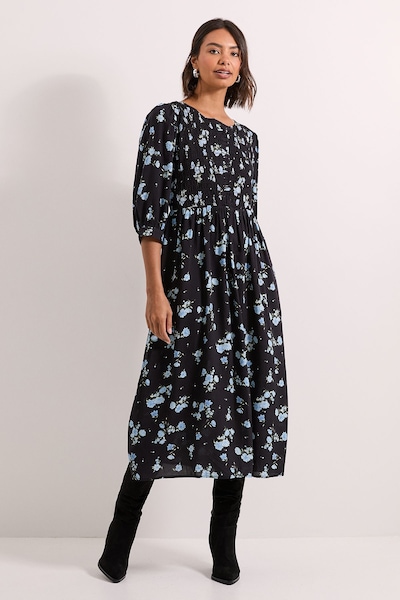 Dorothy Perkins Floral Shirred Bodice Button Detail Midi Dress Floral