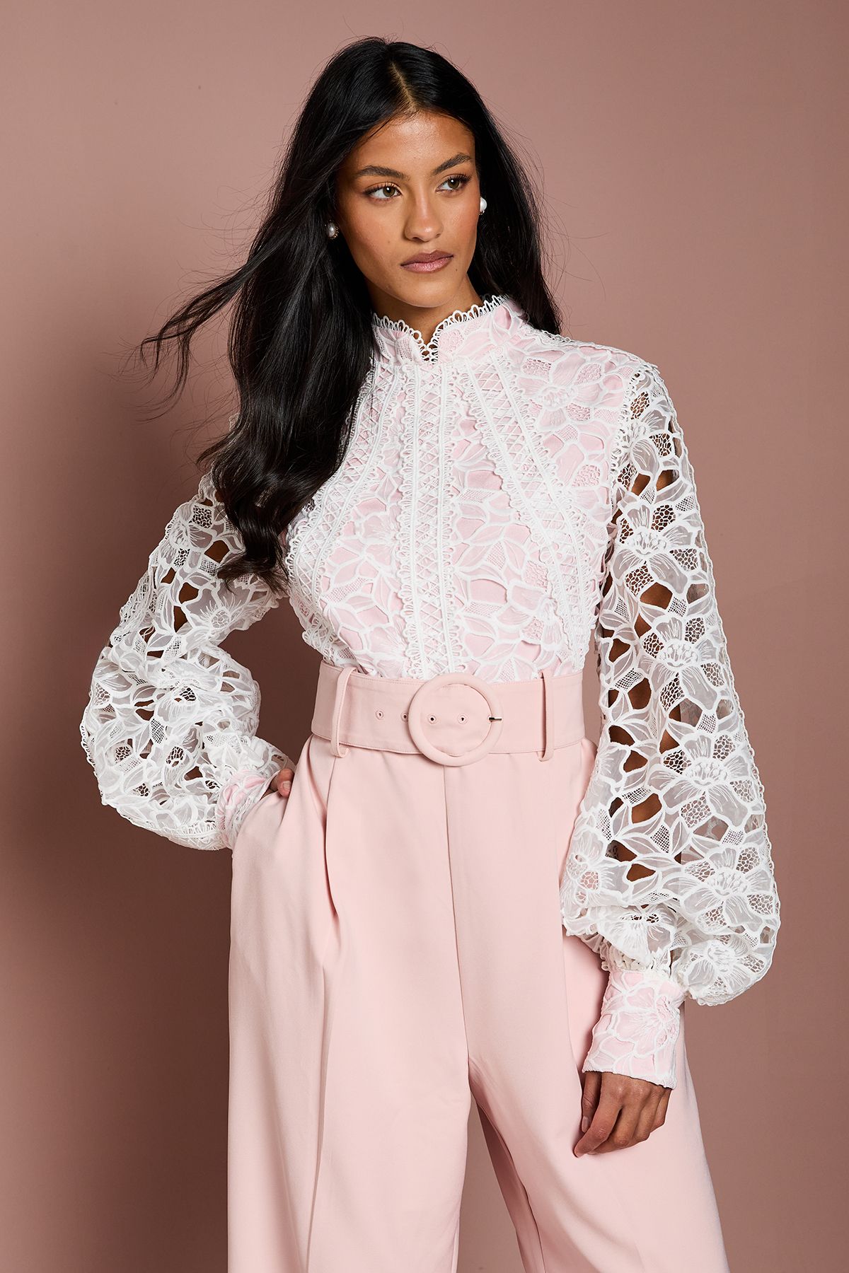 Coast Petite Organza Lace Belted Long Sleeve Jumpsuit Blush image 2