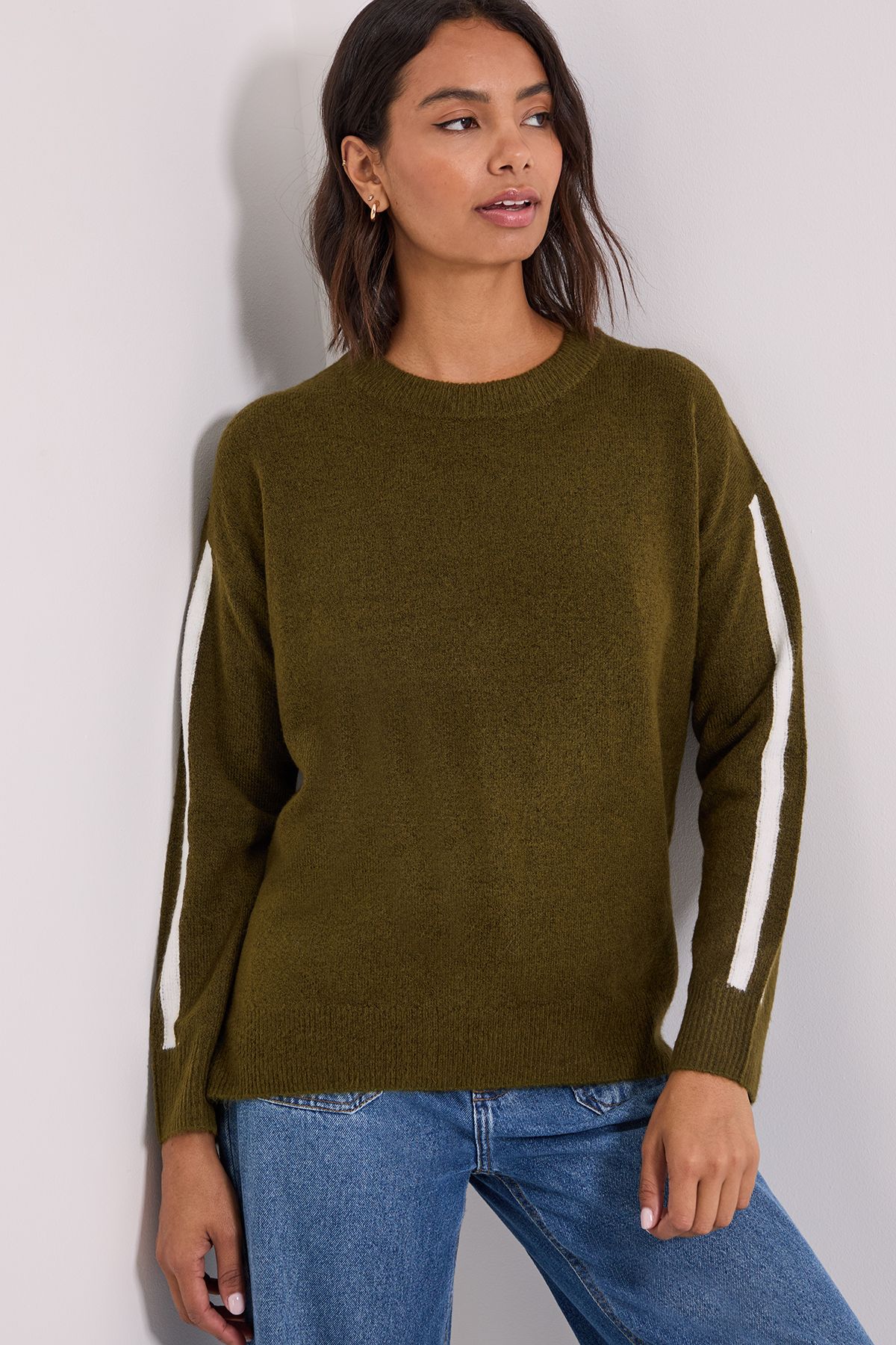 Dorothy Perkins Stripe Sleeve Crew Neck Jumper Olive image 1