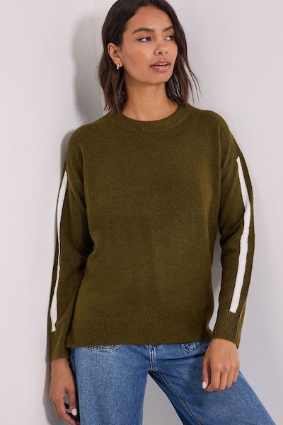 Dorothy Perkins Stripe Sleeve Crew Neck Jumper Olive