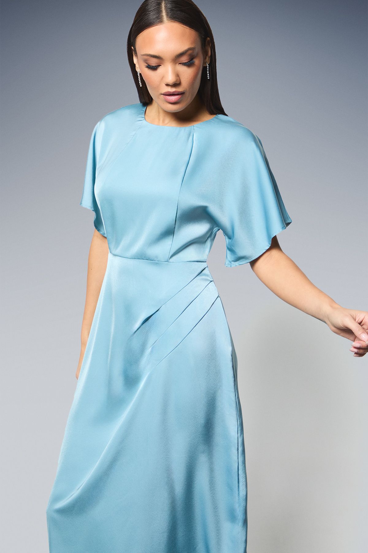 Principles Flutter Sleeve Pleat Detail Satin Midi Dress Light Blue image 2