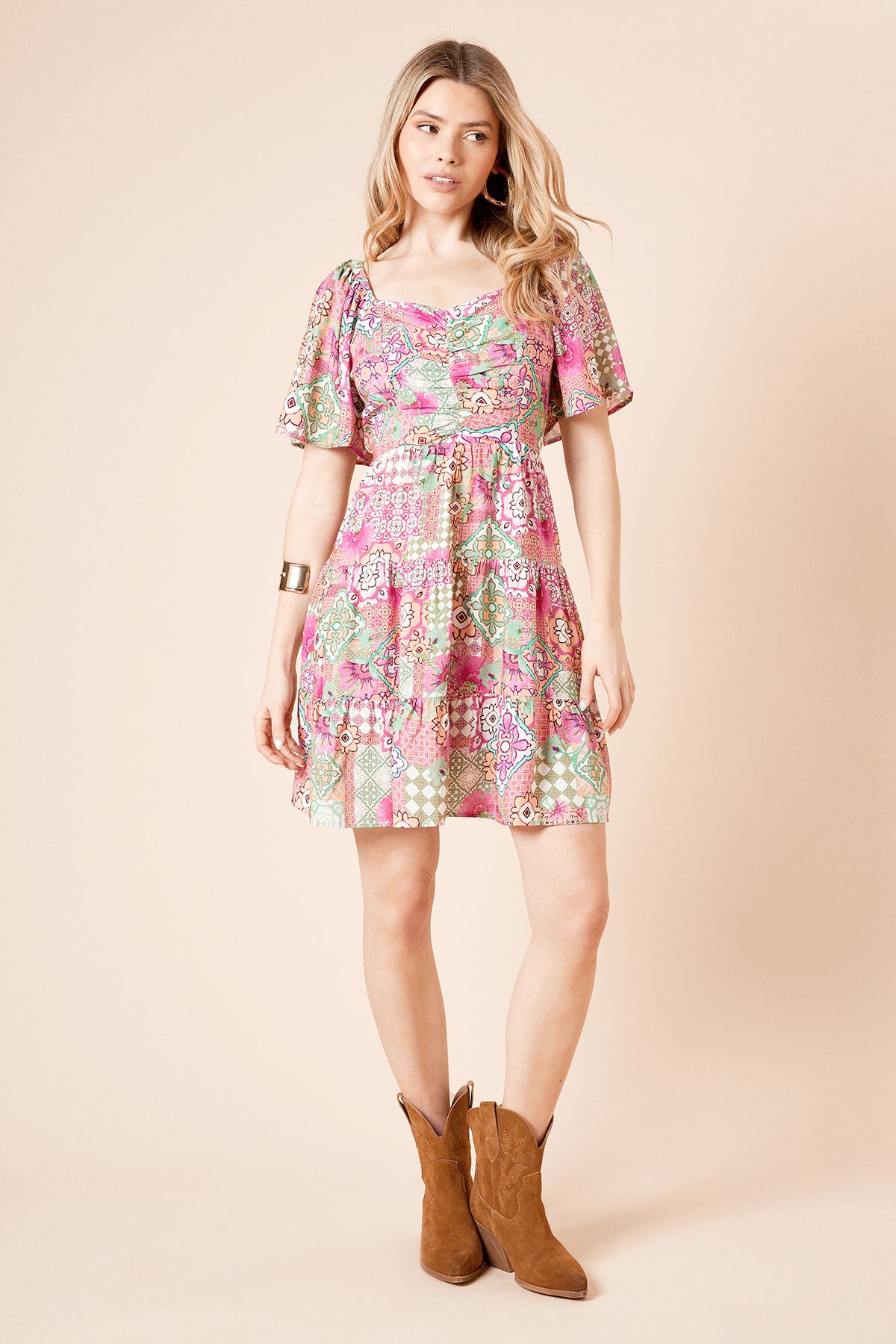 Dorothy Perkins Tile Angel Sleeve Tiered Mini Dress Multi image 1