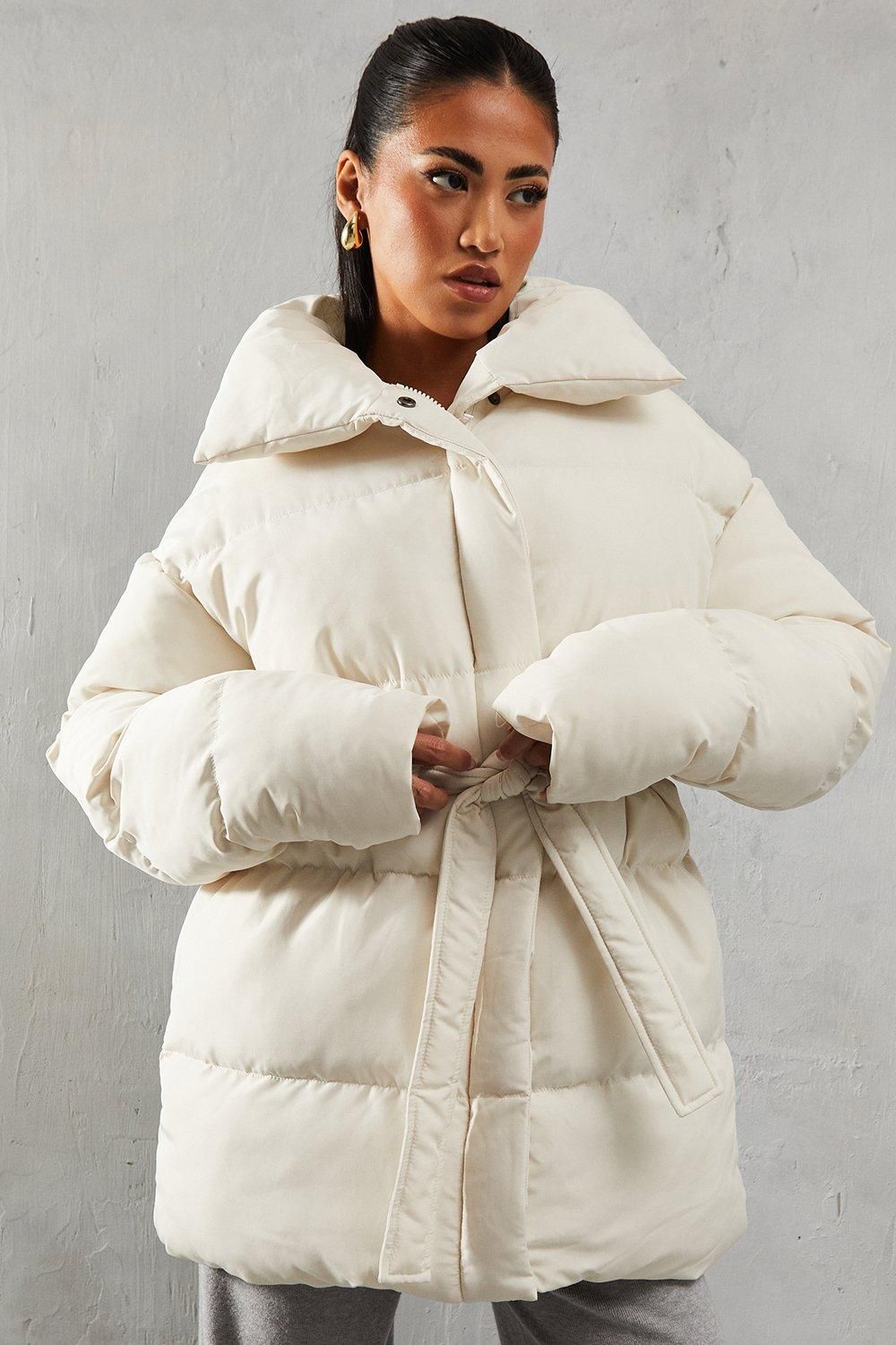 MissPap Tie Waist Midi Puffer Coat Cream image 1
