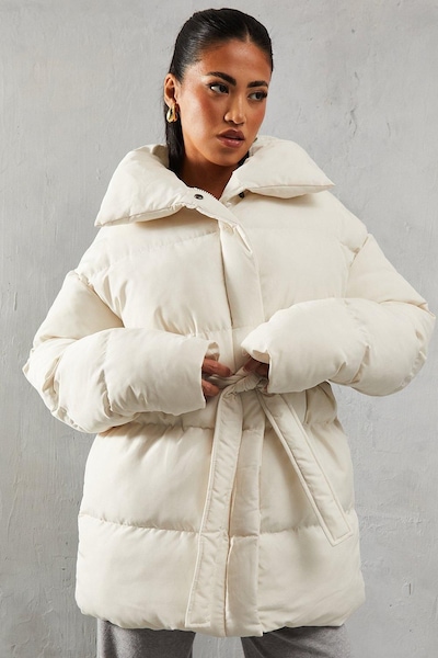 MissPap Tie Waist Midi Puffer Coat Cream
