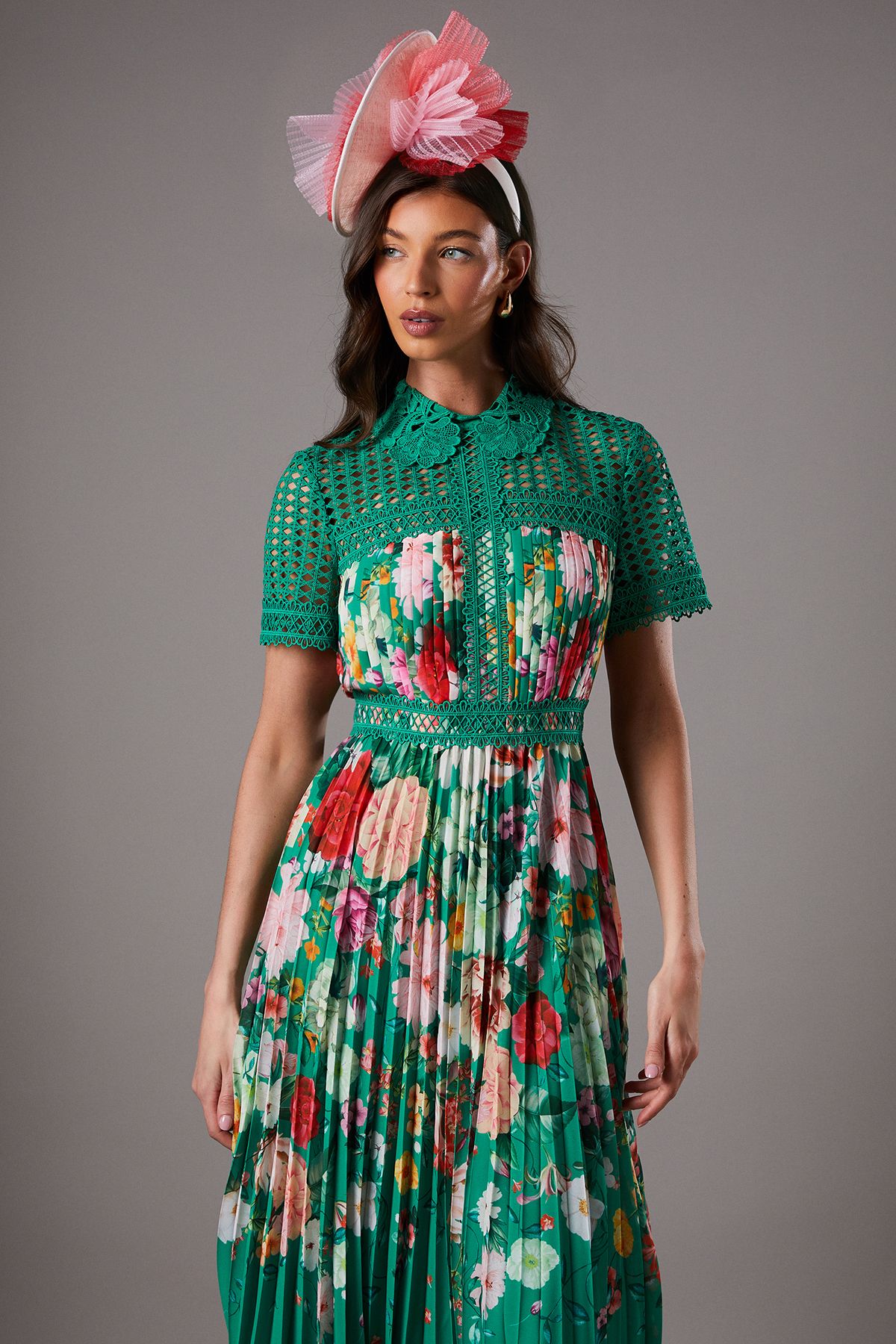 Coast Lisa Tan Lace Pleated Printed Midi Dress Green image 2