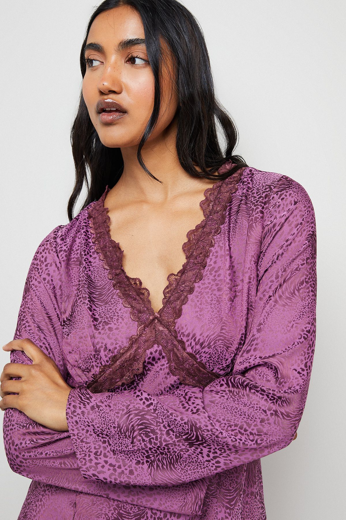 Warehouse Satin Jacquard Lace Insert Godet Midi Dress Animal image 4