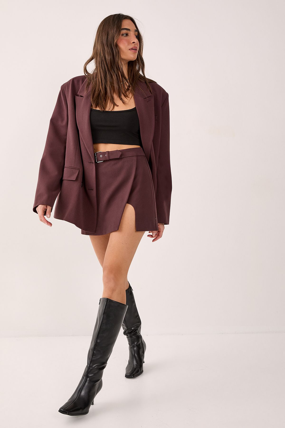 NastyGal Belted Split Mini Skirt Chocolate image 4