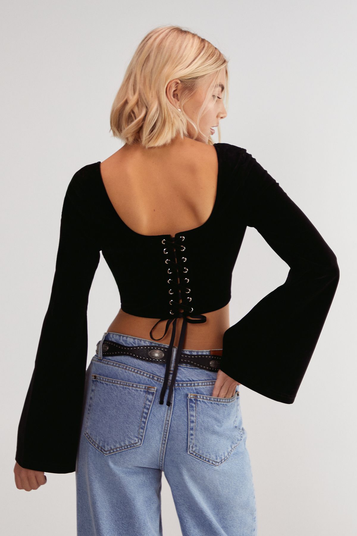 NastyGal Velvet Lace Trim Tie Long Sleeve Corset Top Black image 4