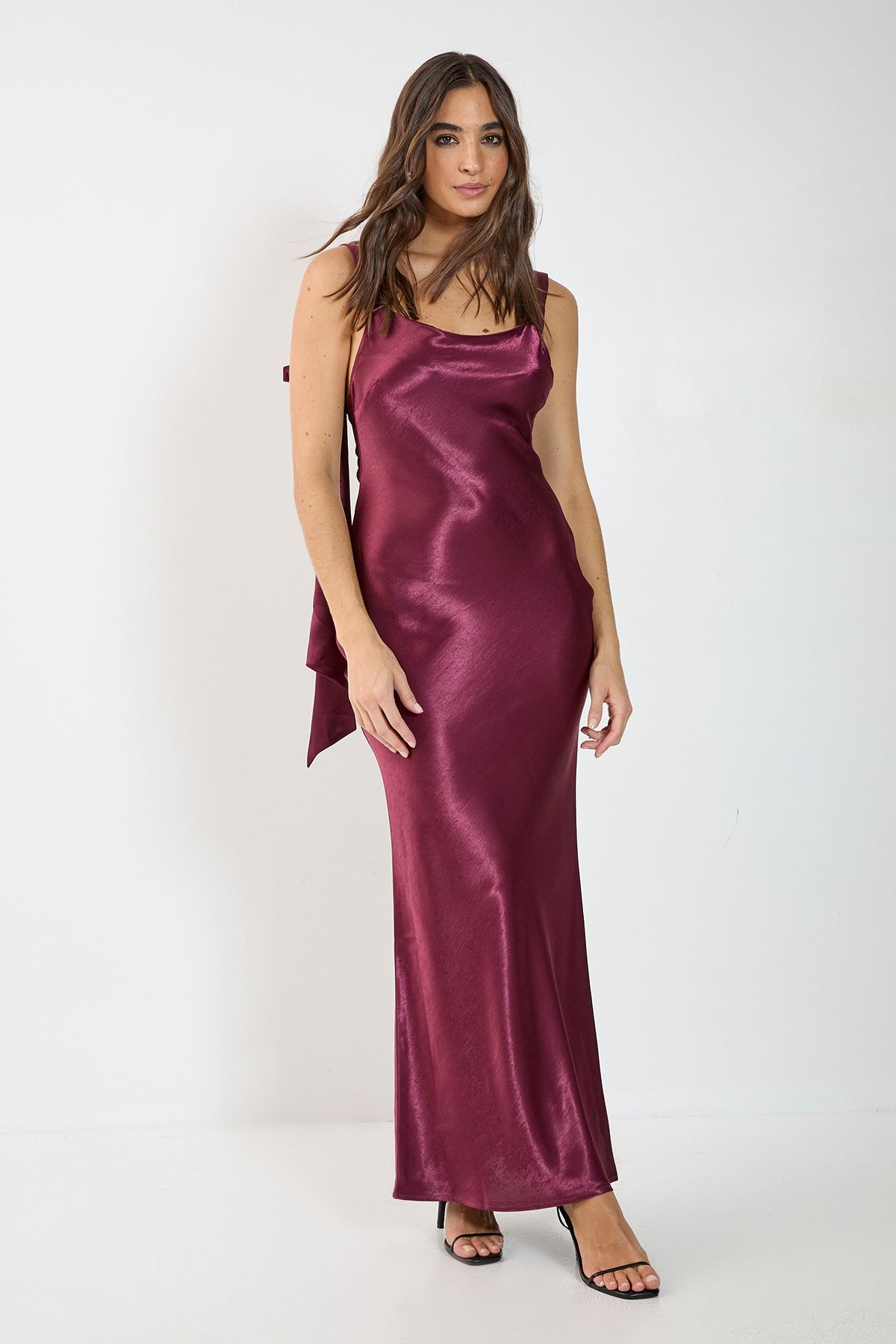 NastyGal Satin Cowl Back Bow Strap Bias Cut Maxi Dress Wine image 2