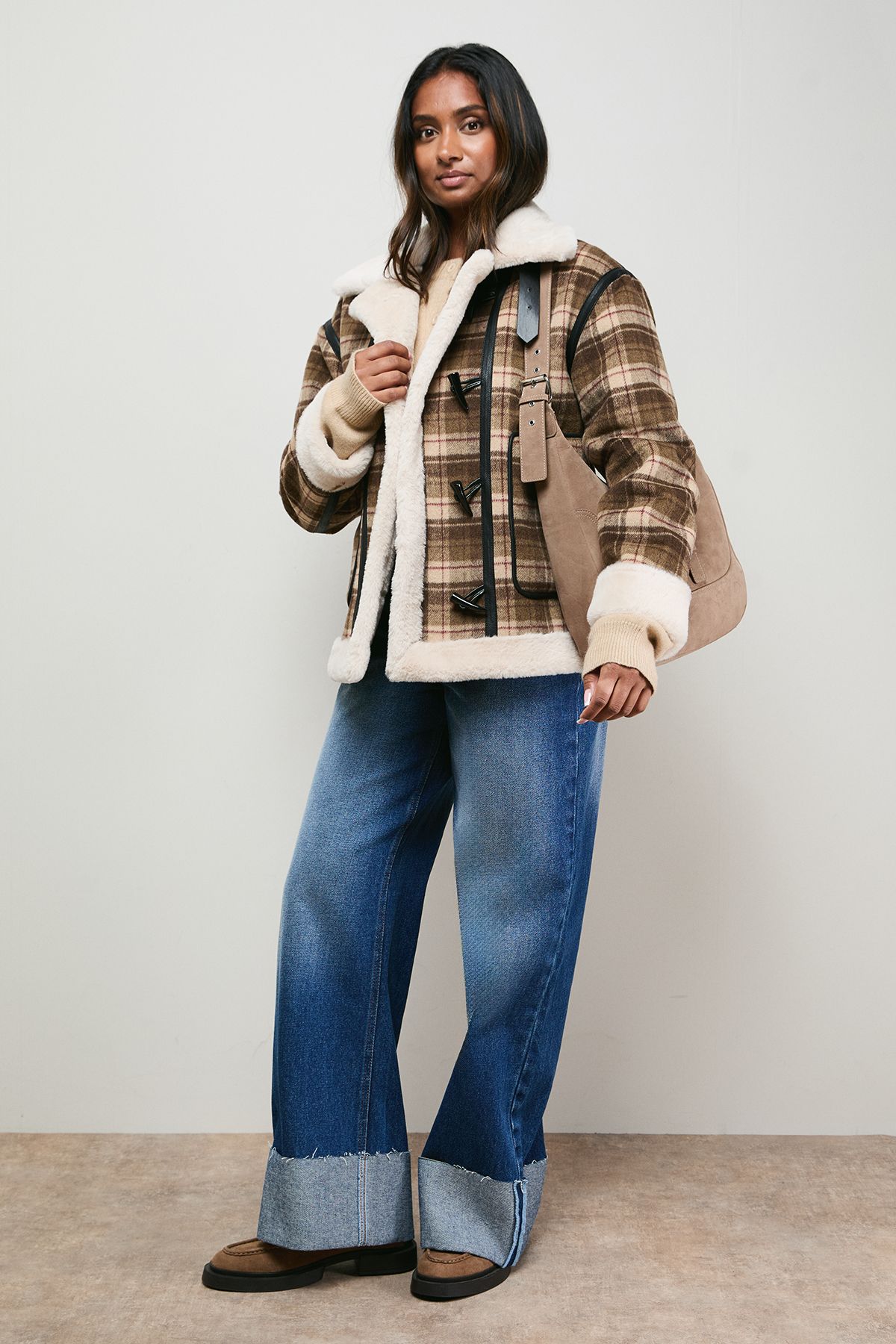 Oasis Shearling Trim Check Coat Chocolate image 1