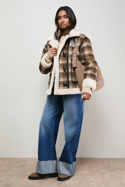 Oasis Shearling Trim Check Coat Chocolate