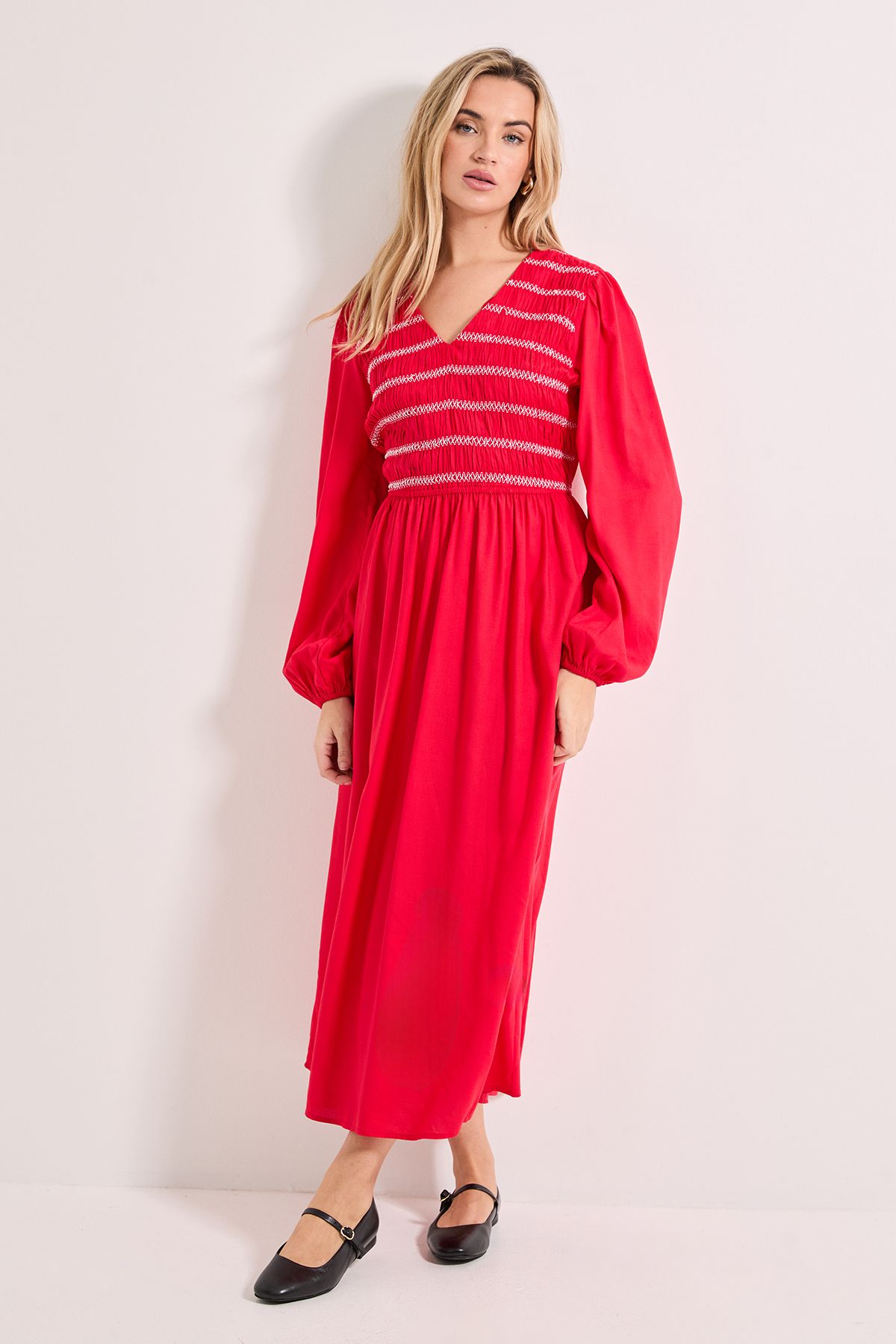 Dorothy Perkins Contrast Stitching Shirred Bodice V Neck Midi Dress Cherry image 1