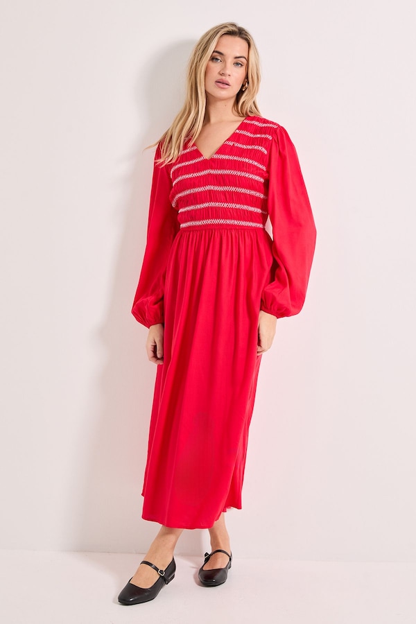 Dorothy Perkins Contrast Stitching Shirred Bodice V Neck Midi Dress Cherry