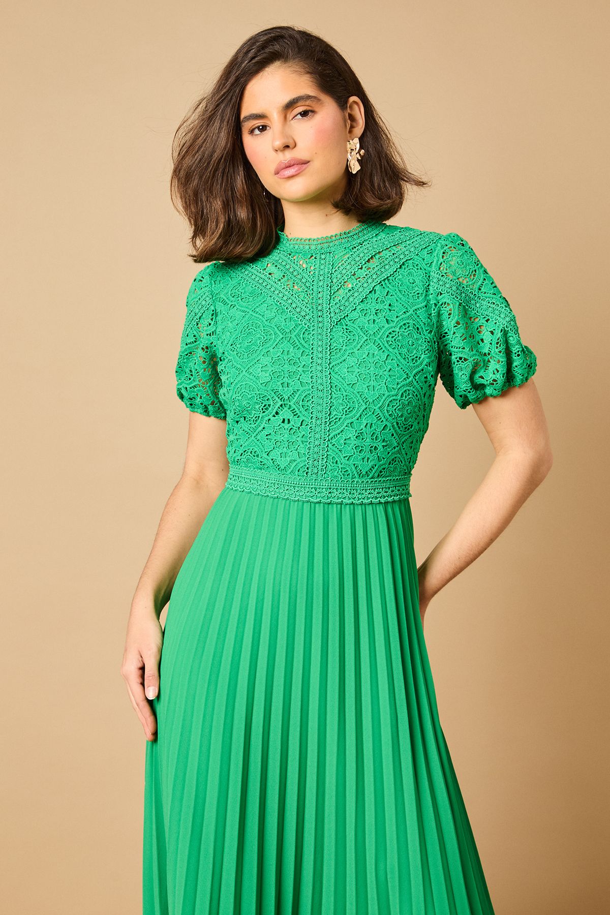 Oasis Lace Puff Sleeve Pleated Midi Dress Bright Green image 2