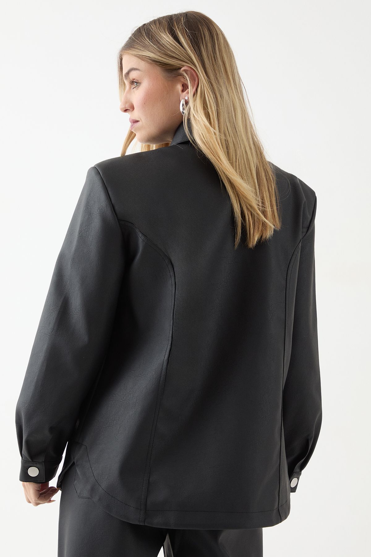 MissPap Faux Leather Shoulder Pad Shirt Black image 3