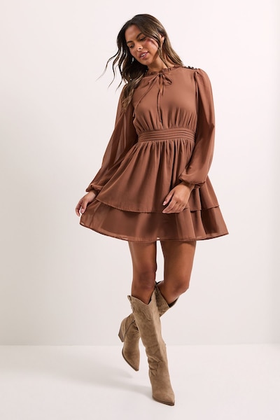 Dorothy Perkins Tie Neck Tiered Skirt Mini Dress Mocha