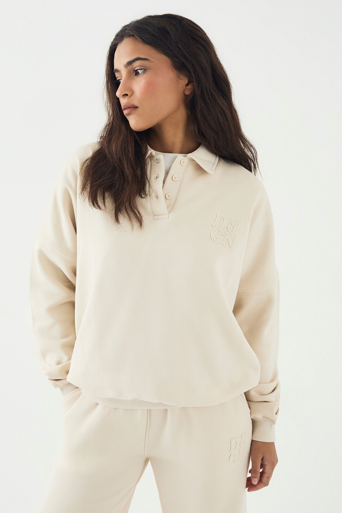 DSGN Studio DSGN Studio Self Fabric Applique Collared Sweatshirt Stone image 1