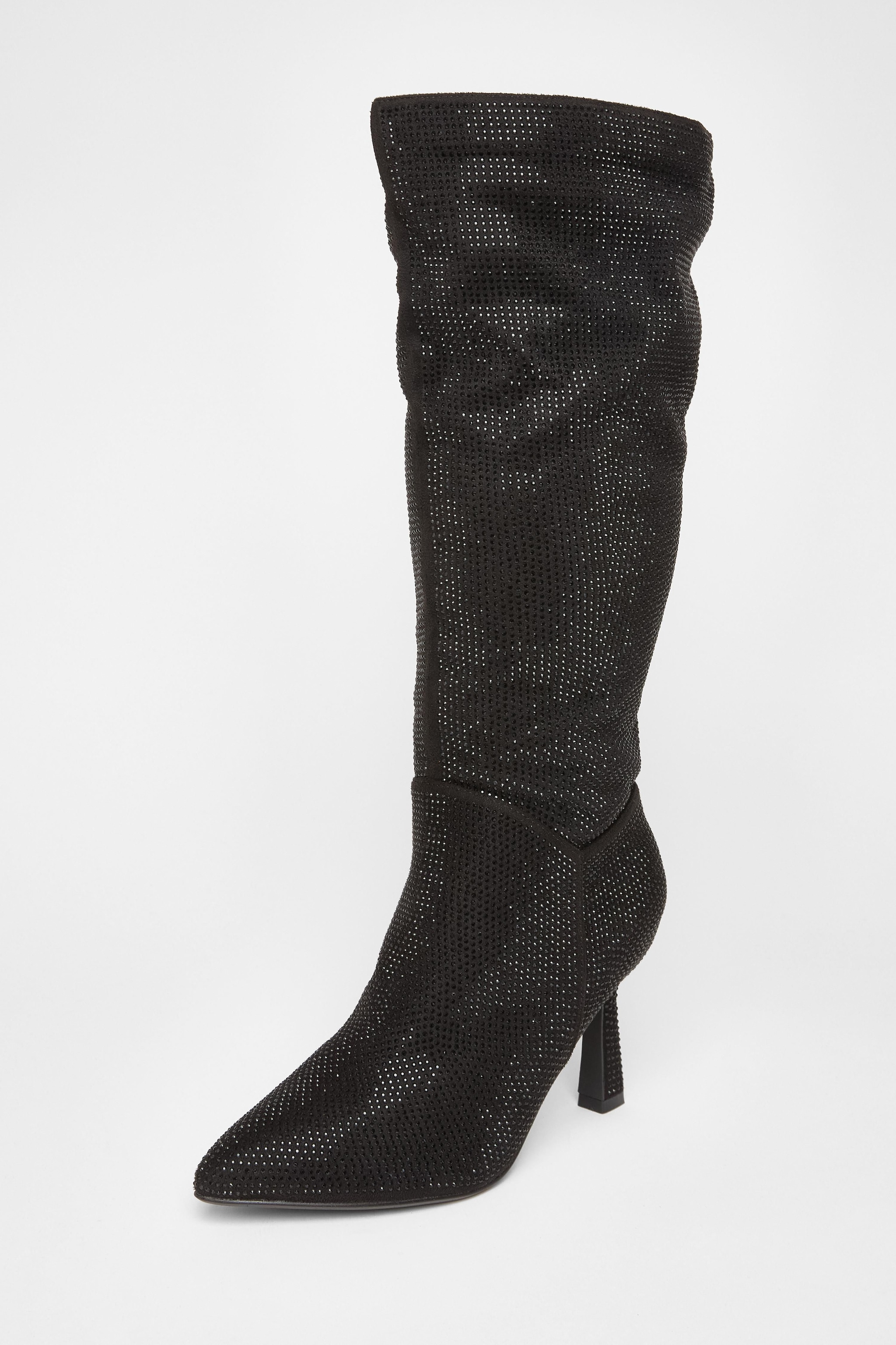 Quiz Black Wide Fit Diamante Knee High Boot image 1