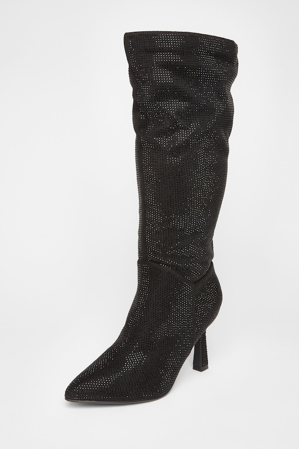 Quiz Black Wide Fit Diamante Knee High Boot