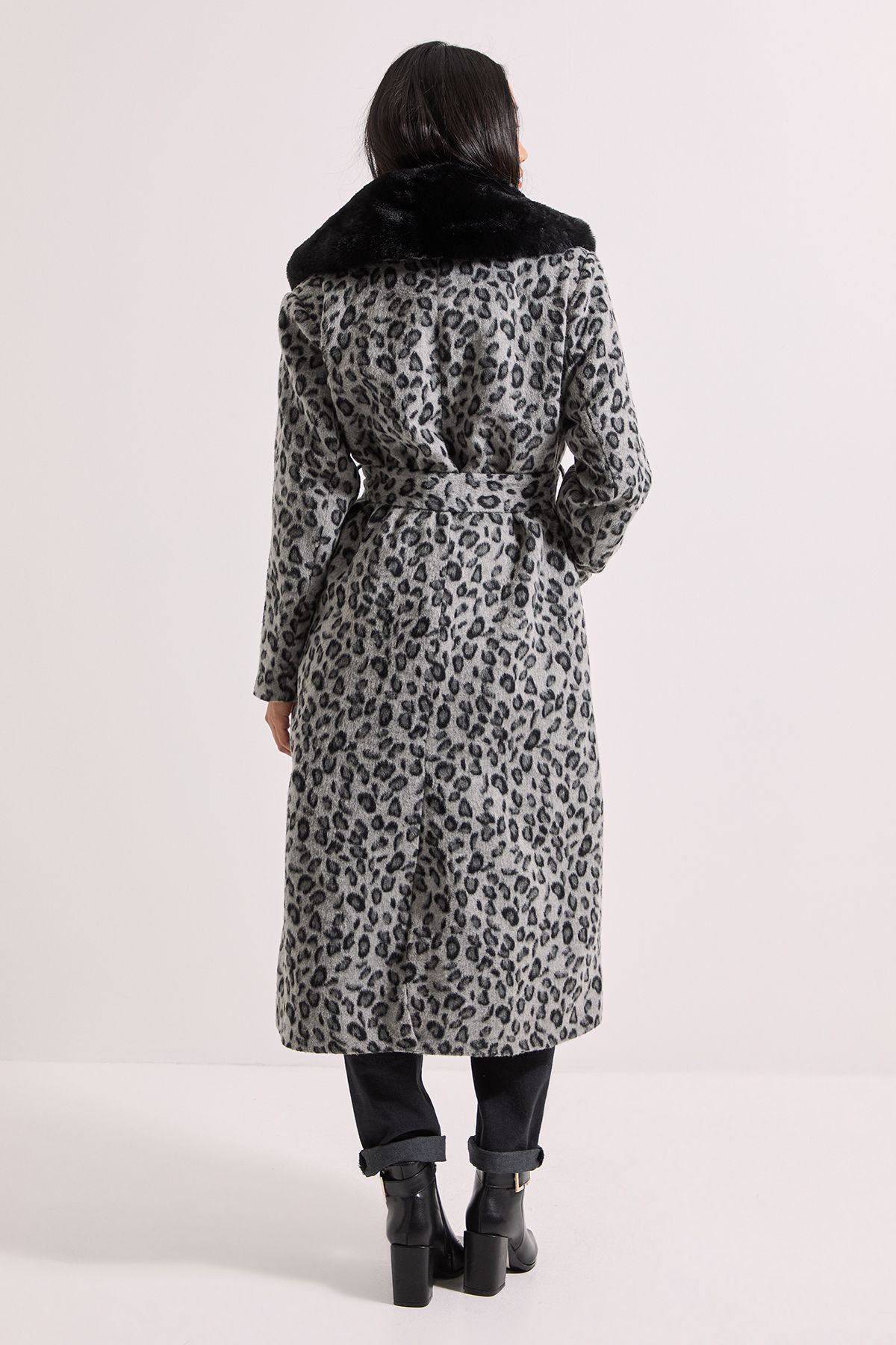 Dorothy Perkins Petite Animal Printed Belted Coat Grey image 3