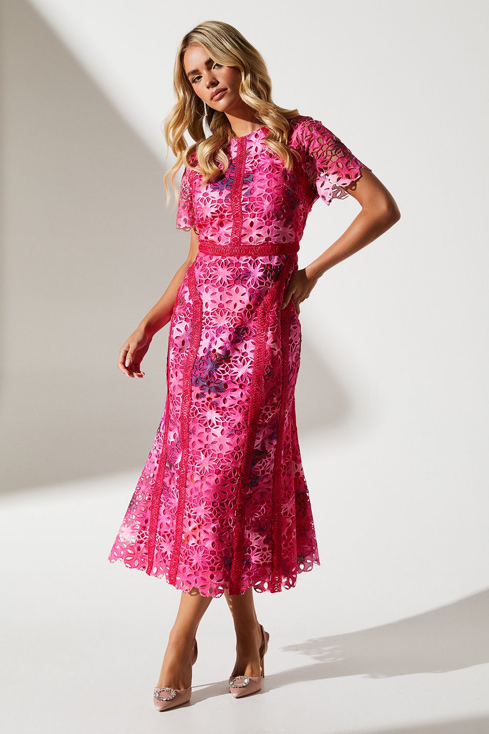 Coast Petite Printed Lace Midi Pencil Dress Pink image 1