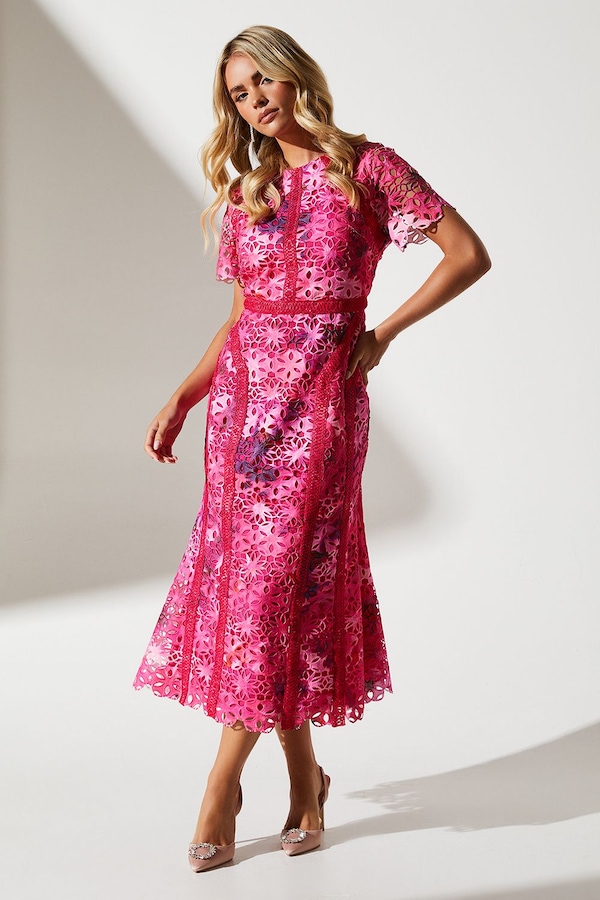 Coast Petite Printed Lace Midi Pencil Dress Pink
