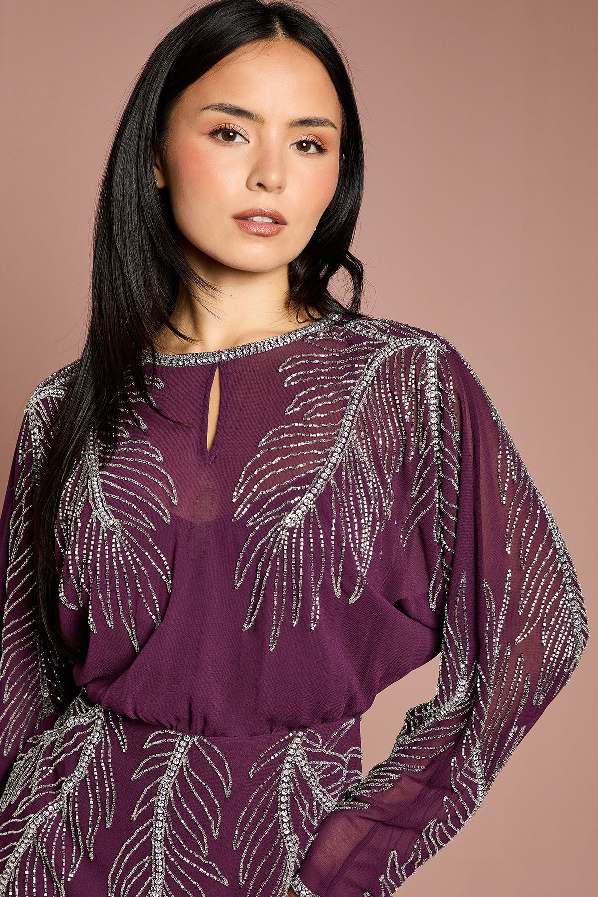 Coast Petite Long Sleeve Placement Feather Embellished Mini Dress Red image 4