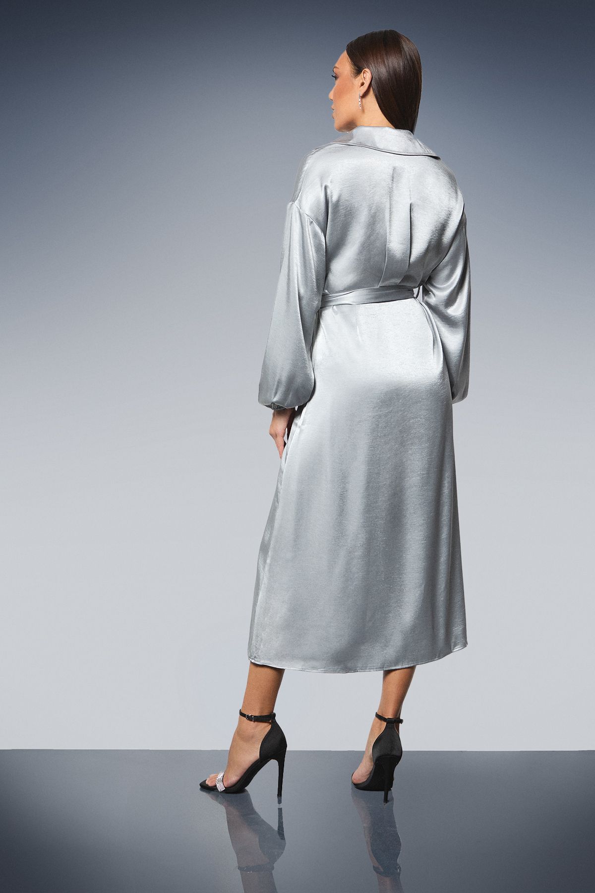 Principles Silver Wrap Tie Waist Satin Shirt Dress Silver image 3