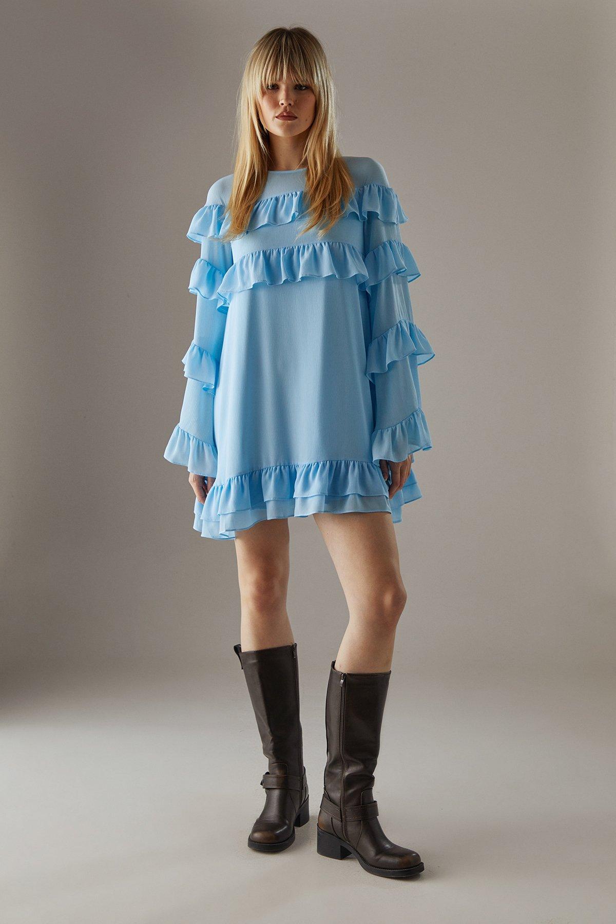 Warehouse Chiffon Ruffle Flared Sleeve Mini Smock Dress Pale Blue image 2