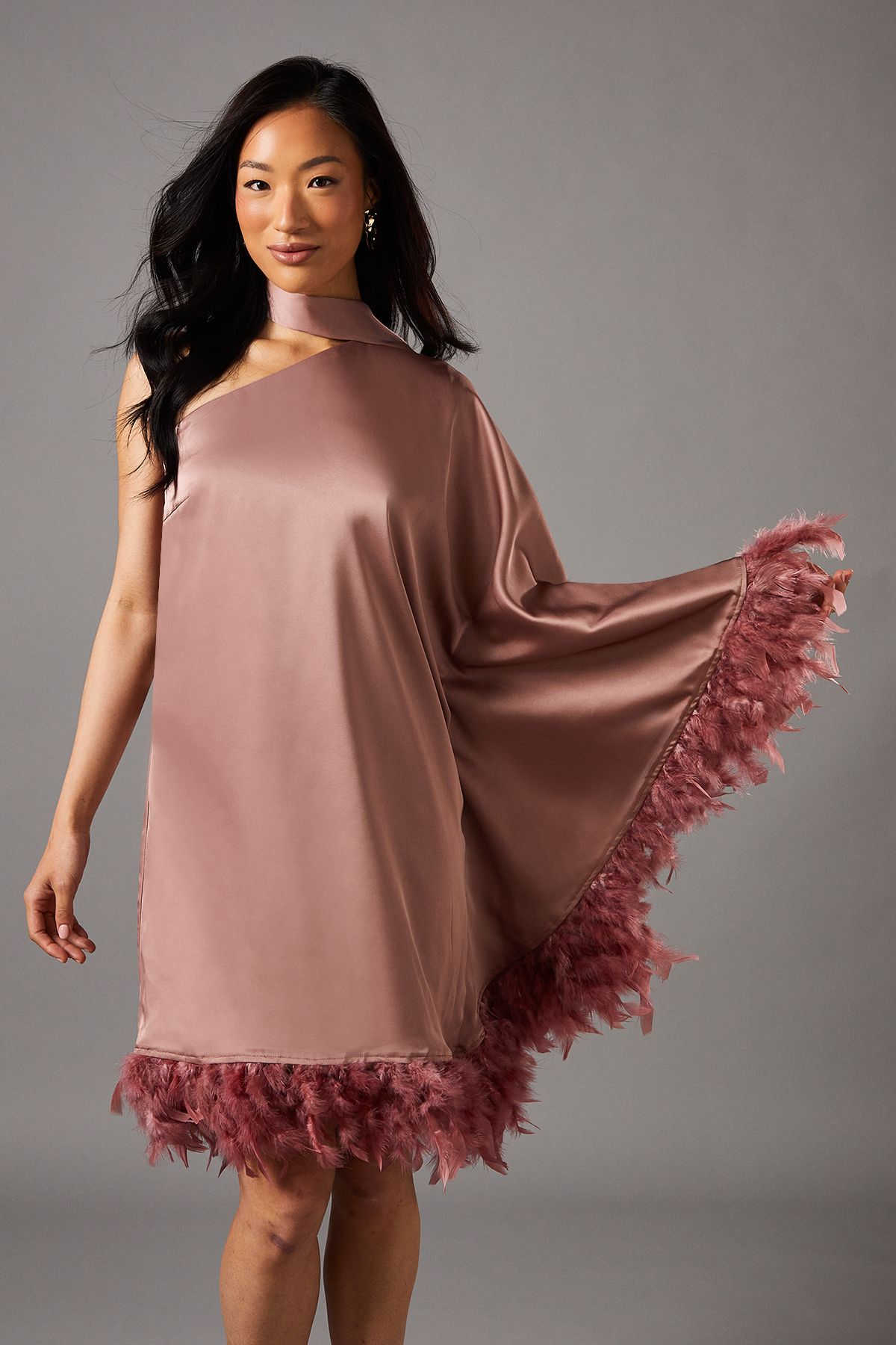 Coast One Shoulder Feather Trim Satin Mini Dress Pink image 2