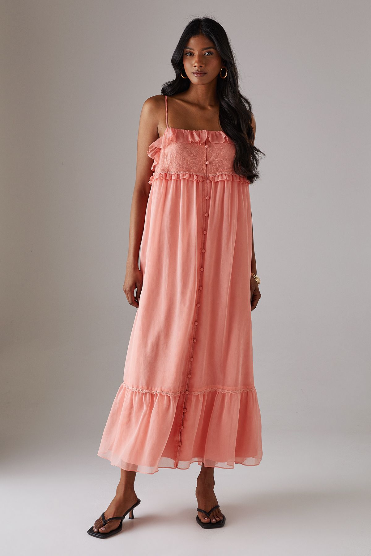Warehouse Lace Ruffle Strappy Midi Sundress Peach image 1