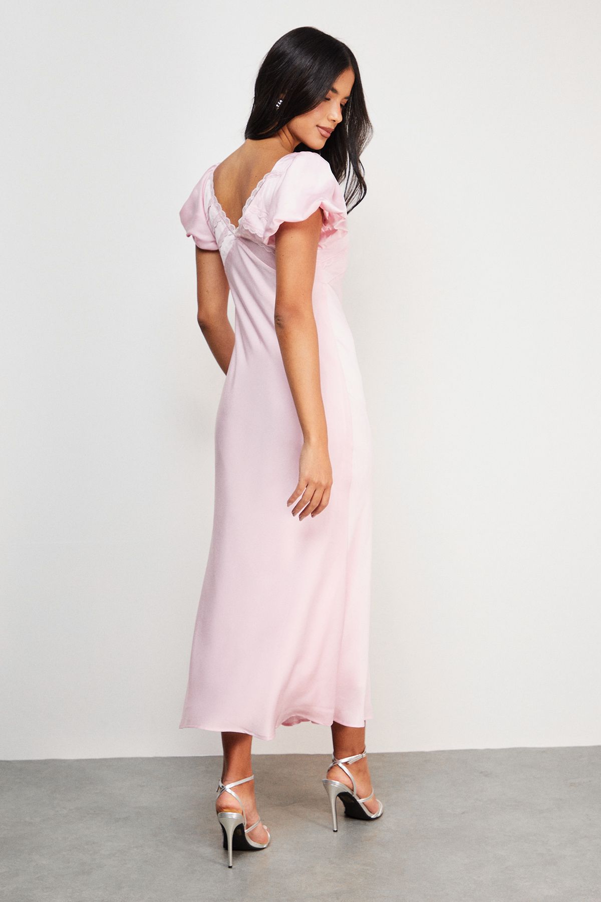 Warehouse Satin Lace Insert Puff Sleeve Midi Tea Dress Pale Pink image 3