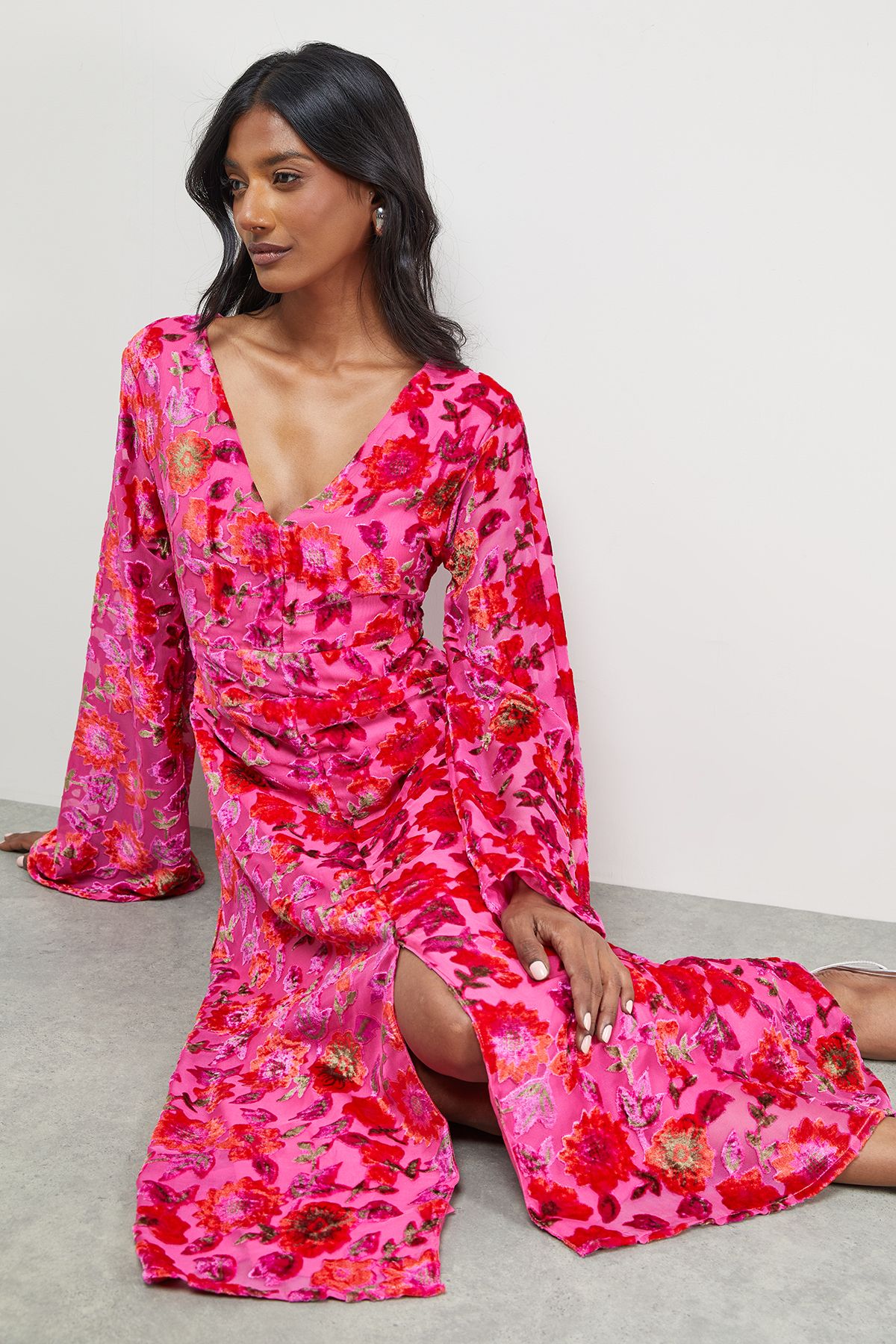 Warehouse Devore Plunge Neck Waisted Midi Dress Pink image 1