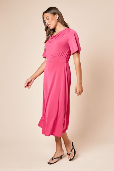 Dorothy Perkins Cowl Neck Tie Back Jersey Midi Dress Hot Pink
