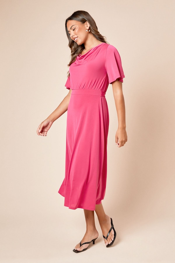 Dorothy Perkins Cowl Neck Tie Back Jersey Midi Dress Hot Pink