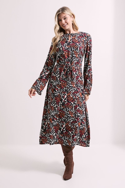 Dorothy Perkins Keyhole Belted Long Sleeve Midi Dress Animal