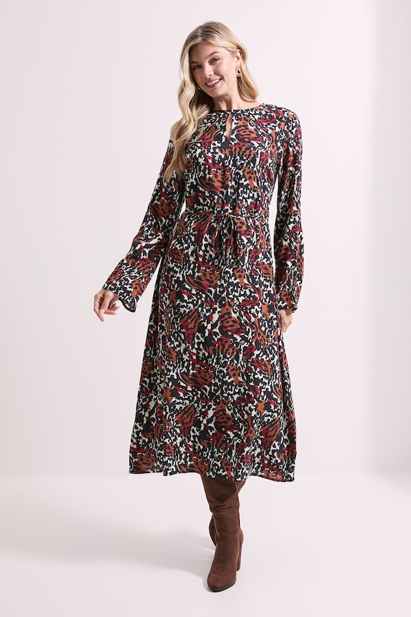 Dorothy Perkins Keyhole Belted Long Sleeve Midi Dress Animal