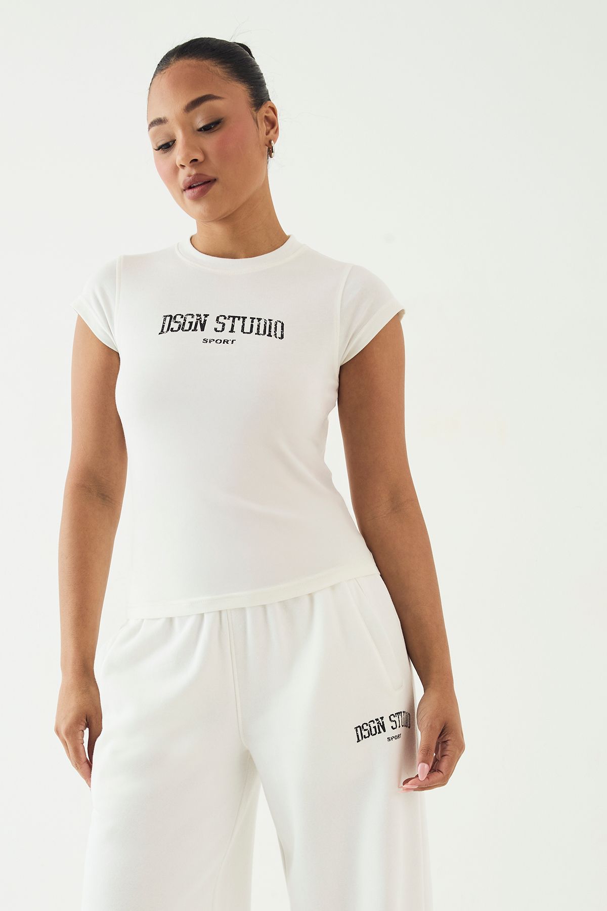 DSGN Studio DSGN Studio Collegiate Printed Fitted Short Sleeve Top Cream image 1