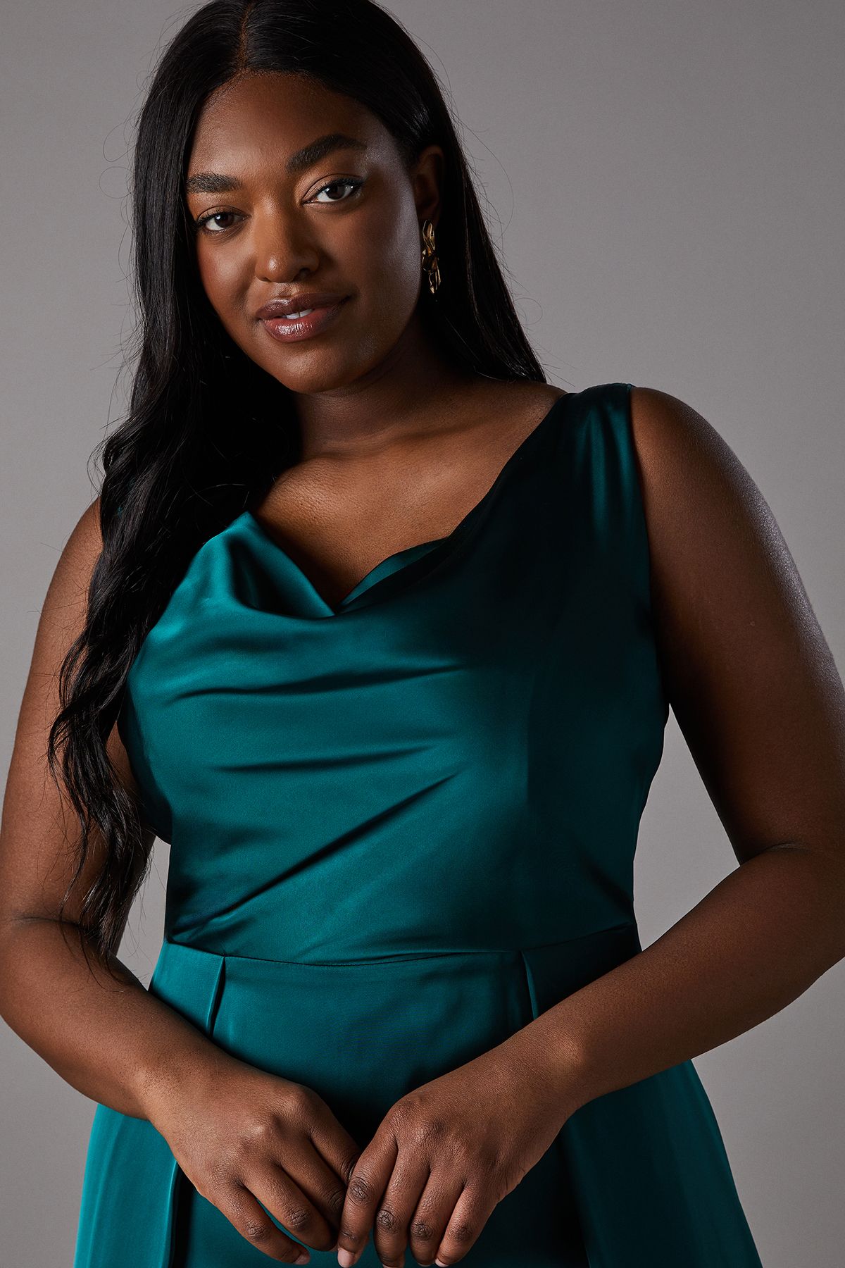 Coast Plus Size Cowl Neck A-Line Satin Bridesmaid Dress Emerald image 4