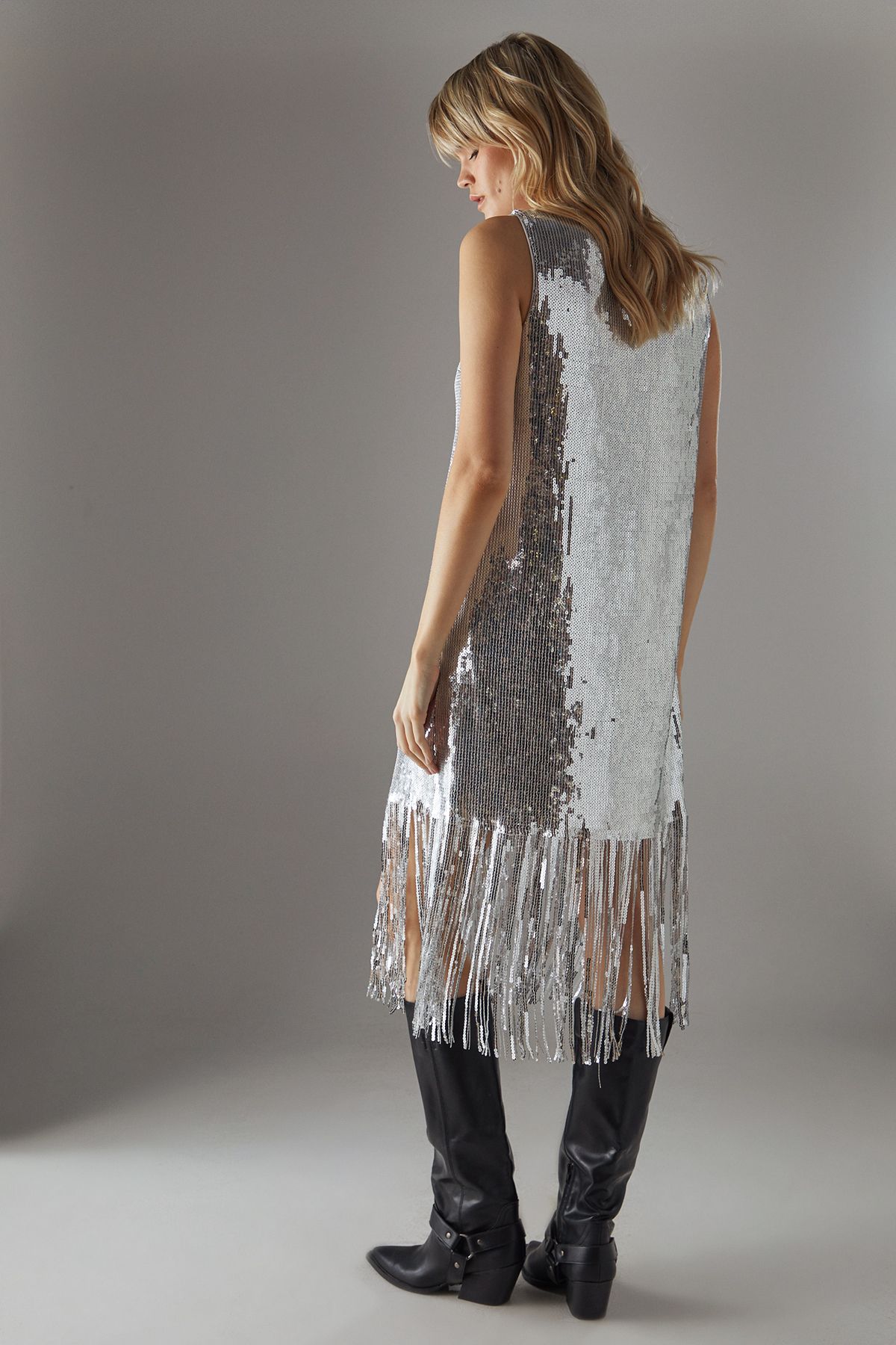 Warehouse Sequin Fringe Hem Column Mini Dress Silver image 4
