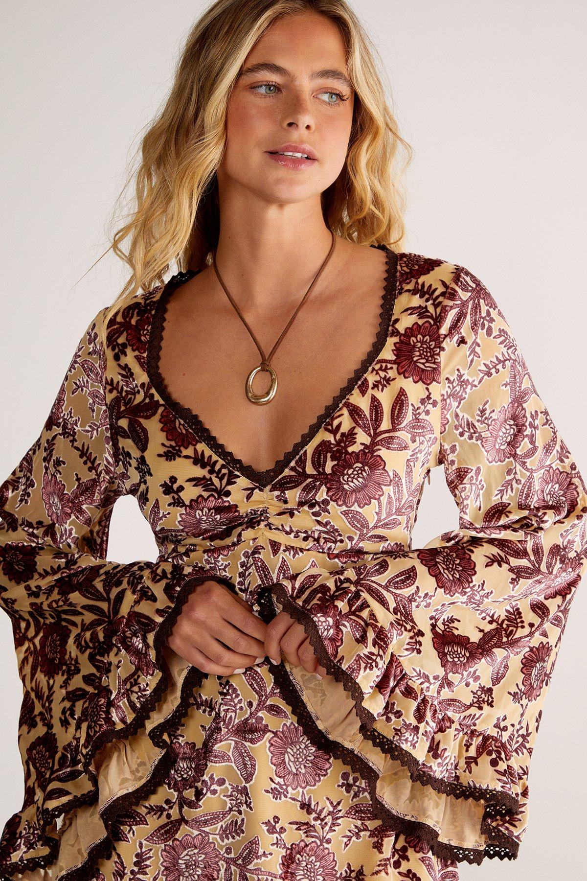 NastyGal Vintage Floral Devore Lace Trim Ruffle Sleeve Mini Dress Beige image 3