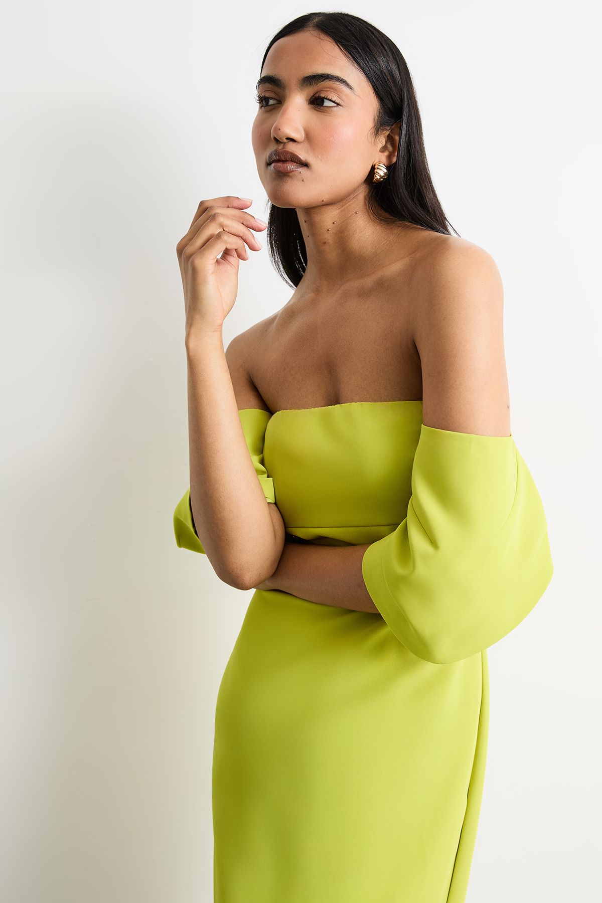 Warehouse Stretch Crepe Bardot Column Midi Dress Chartreuse image 2