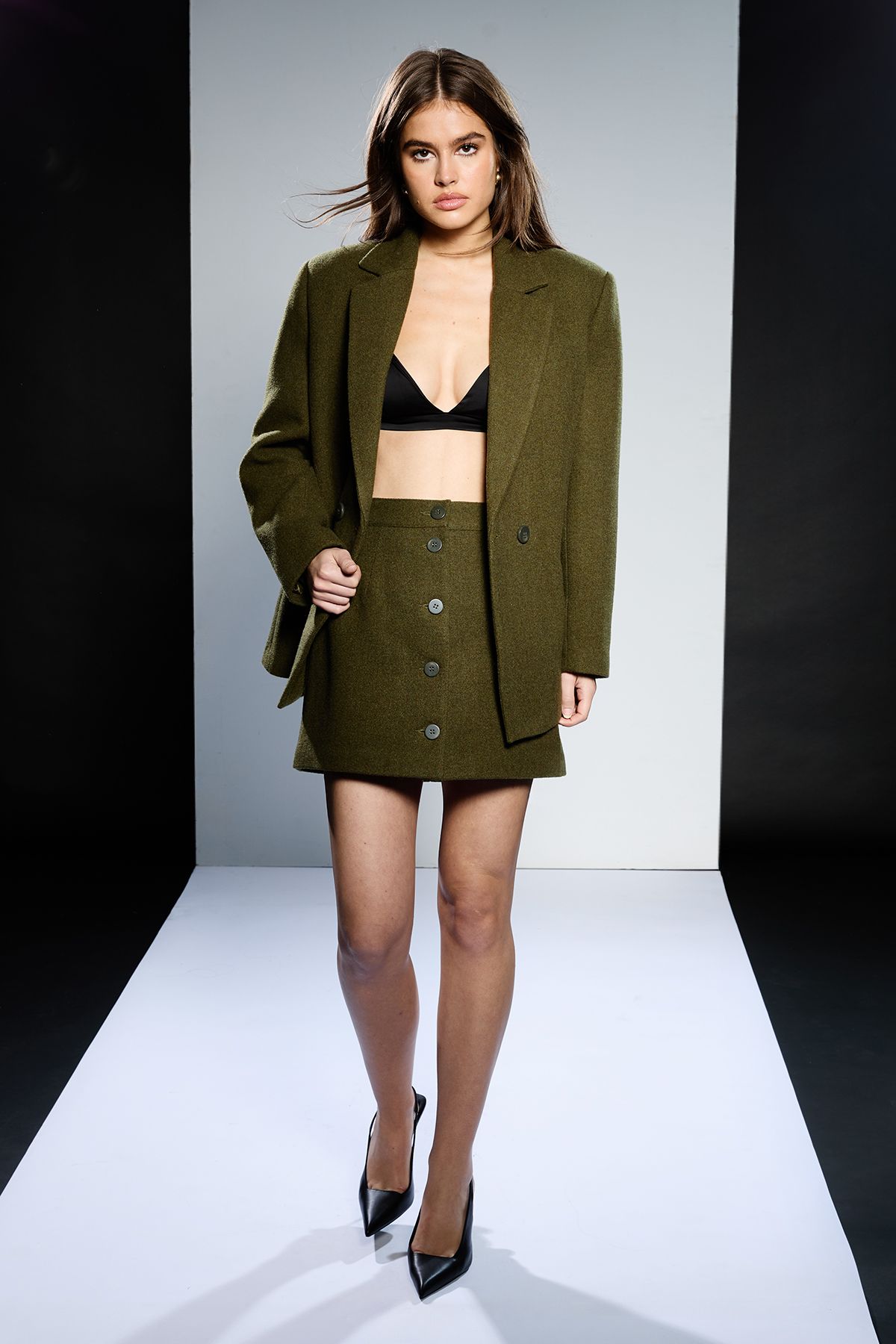RUNWAY 1.8.1.8 Runway 1.8.1.8 Wool Mix Double Breasted Blazer Olive image 2