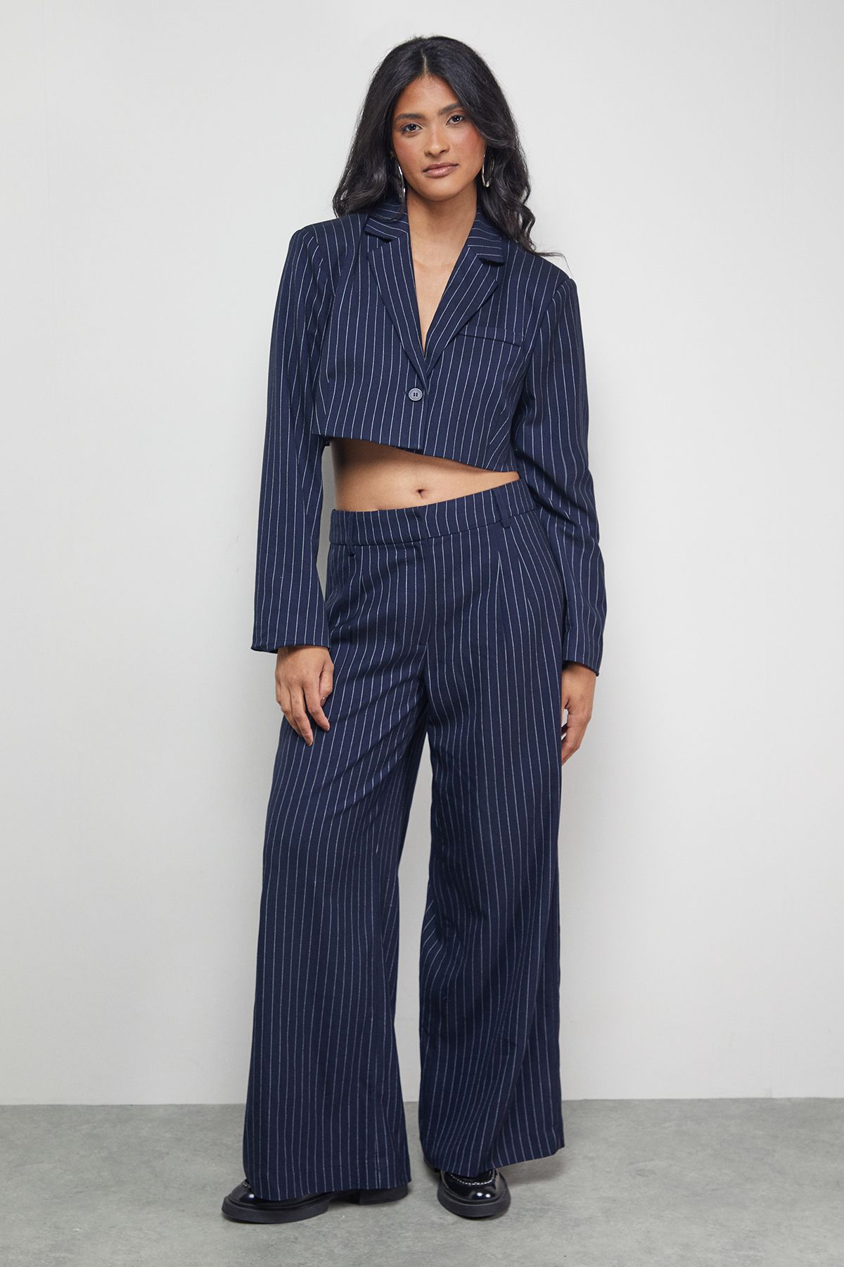 Warehouse Navy Pinstripe Wide Leg Trouser Co-ord Navy image 1
