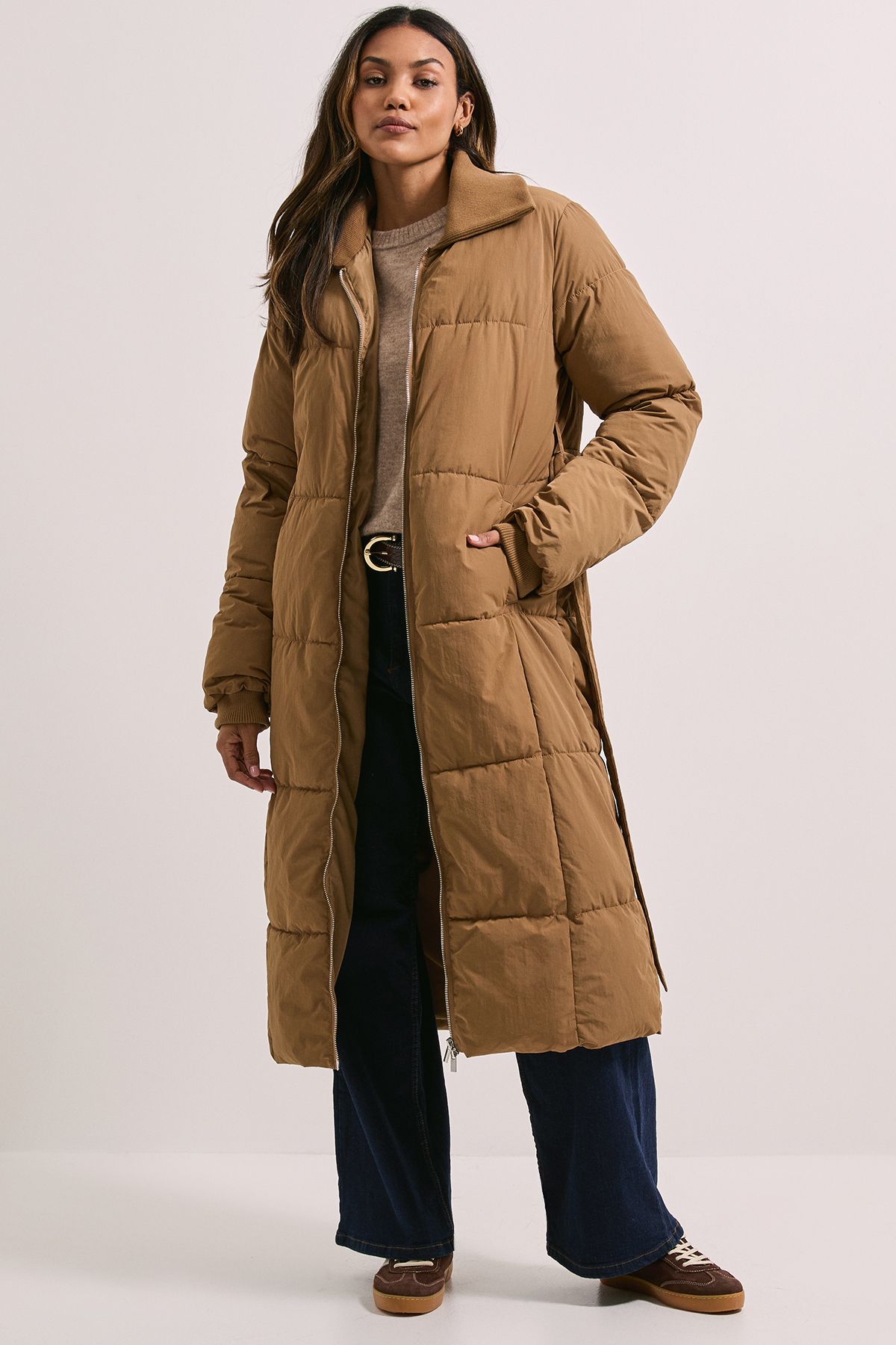 Dorothy Perkins Padded Knitted Collar Coat Camel image 2