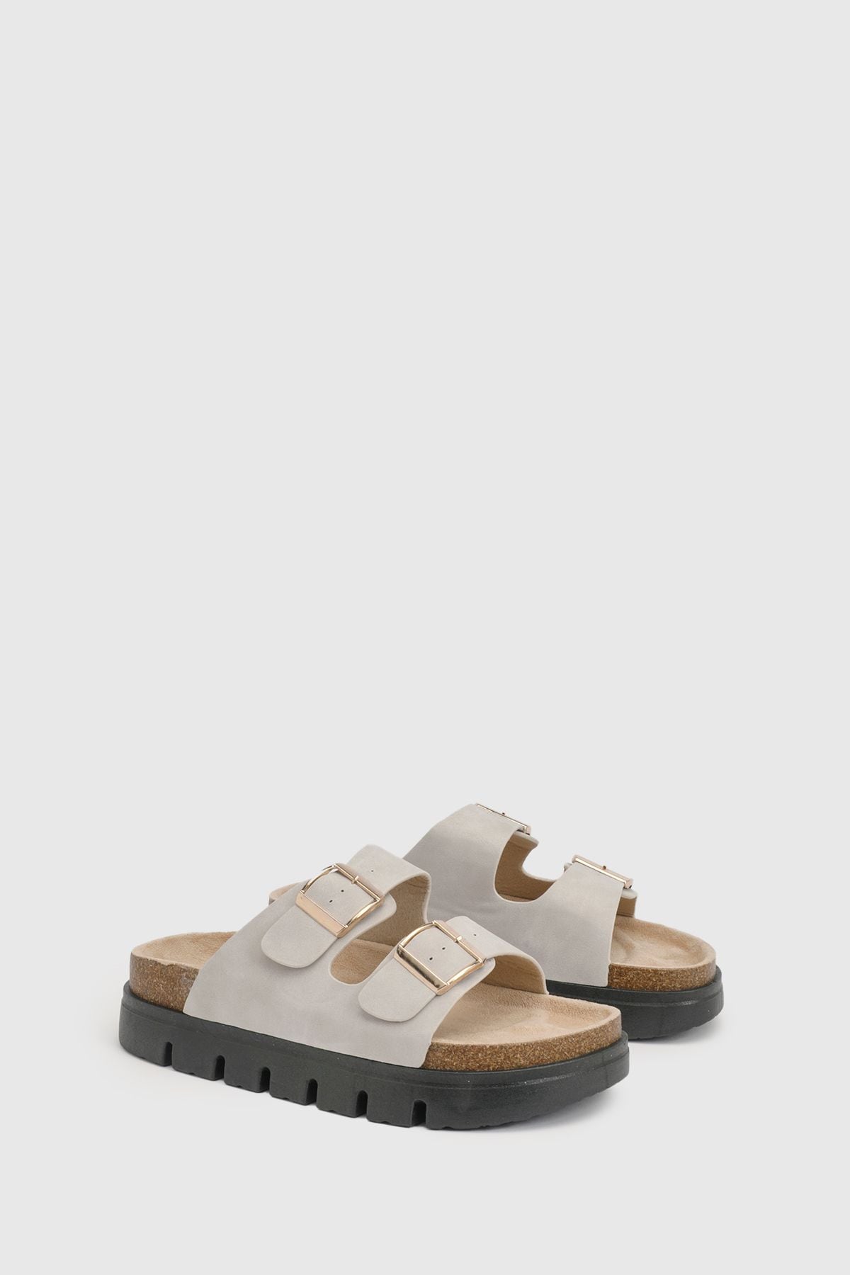 Oasis Mae Platform Faux Suede Buckle Footbed Sliders Beige