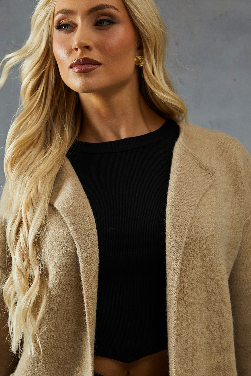 MissPap Premium Knitted Scarf Detail Longline Cardigan Taupe image 2