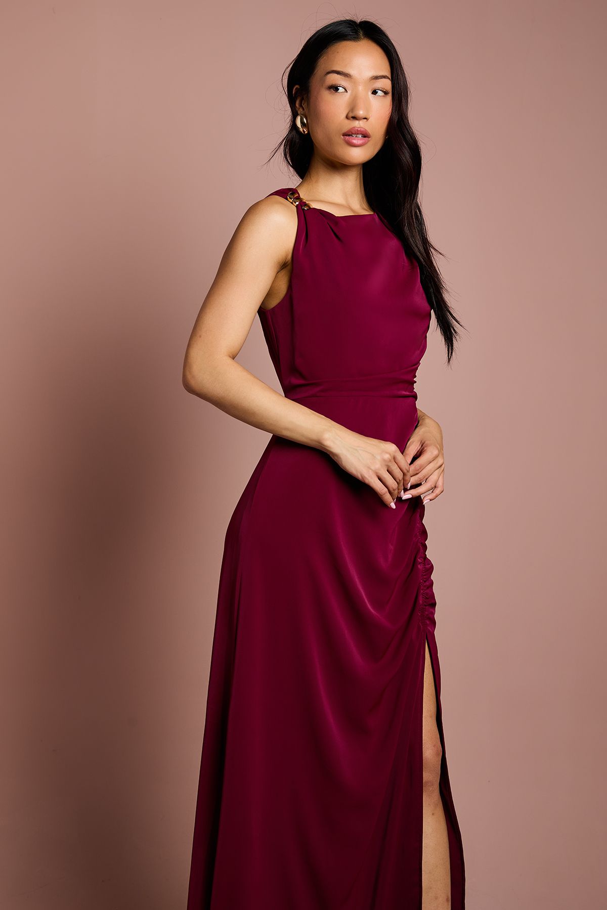 Coast Sleeveless Ruched Maxi Dress With Buckle Detail Berry image 2