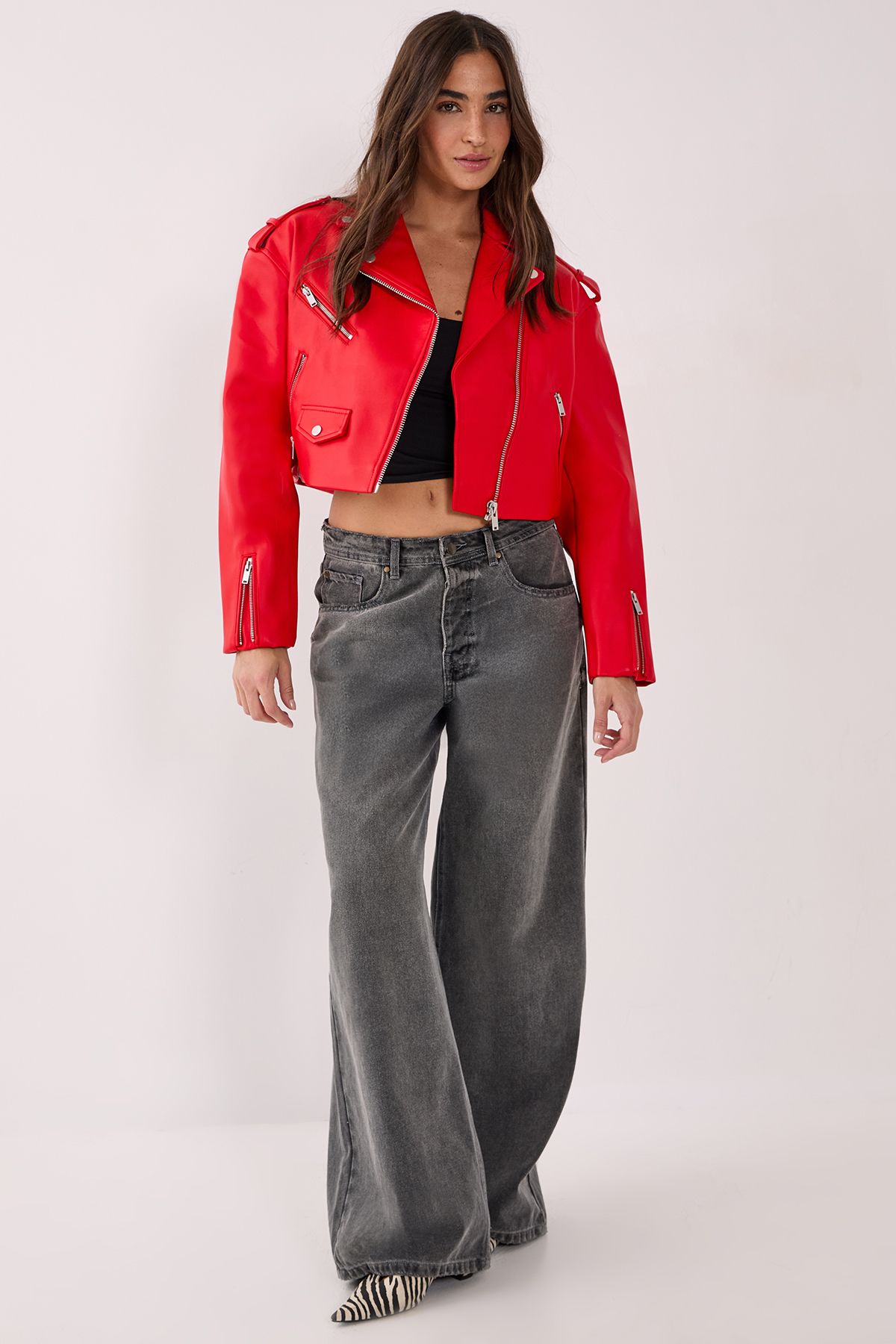 NastyGal Essentials Cropped Faux Leather Boxy Biker Red image 2